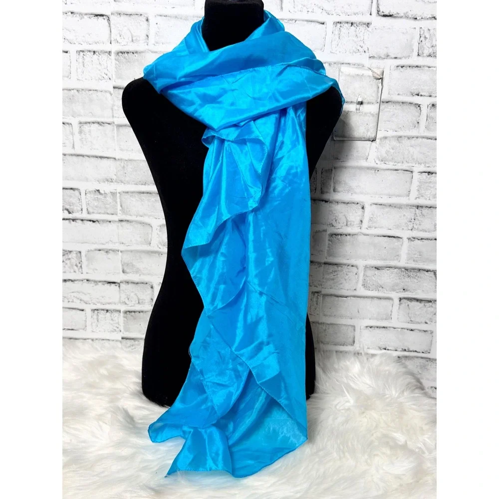Unbranded 100% Silk Scarf Turquoise Blue Solid Shimmer Rectangular Wrap 44x41